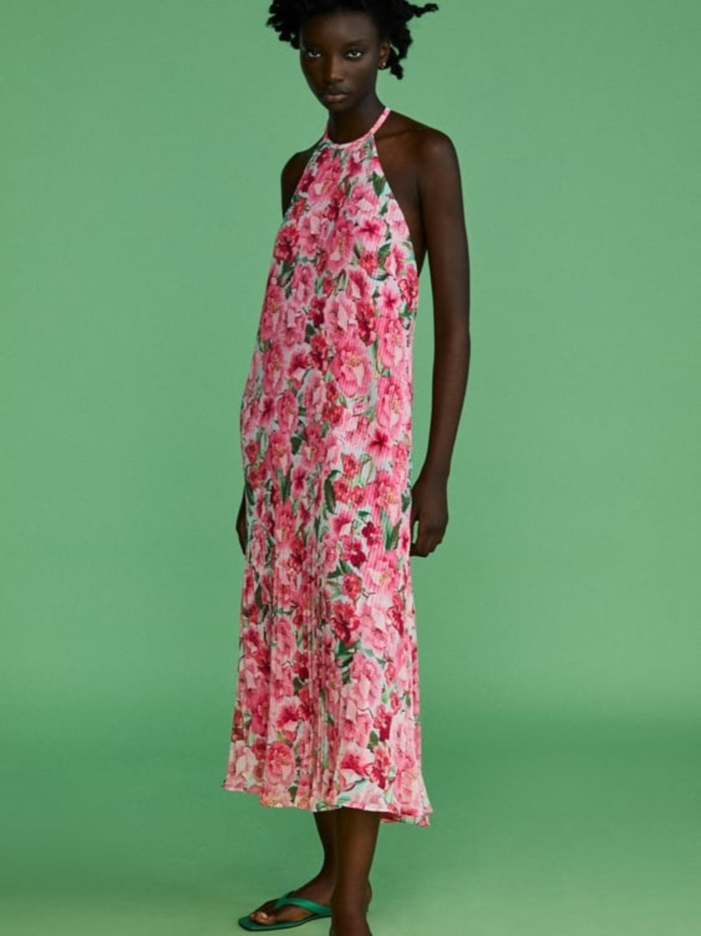 NWT Zara Sz M Floral Pink Pleated Halter Blogger Favourite Event Midi Dress